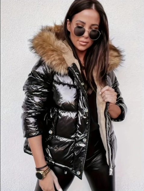 Mune | Women's Metallic Puffer Jacket with Hood and Fur Collar