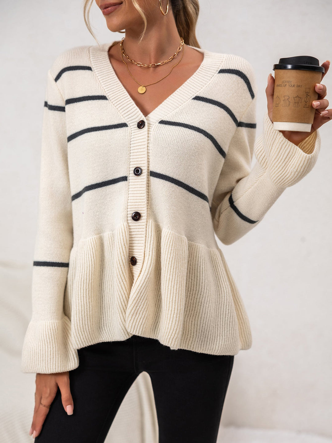 Mune | Women's Striped Knit Cardigan with V-Neck and Button Closure