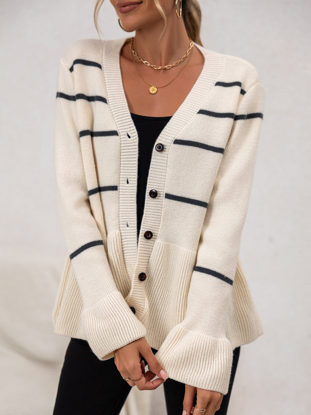Mune | Women's Striped Knit Cardigan with V-Neck and Button Closure