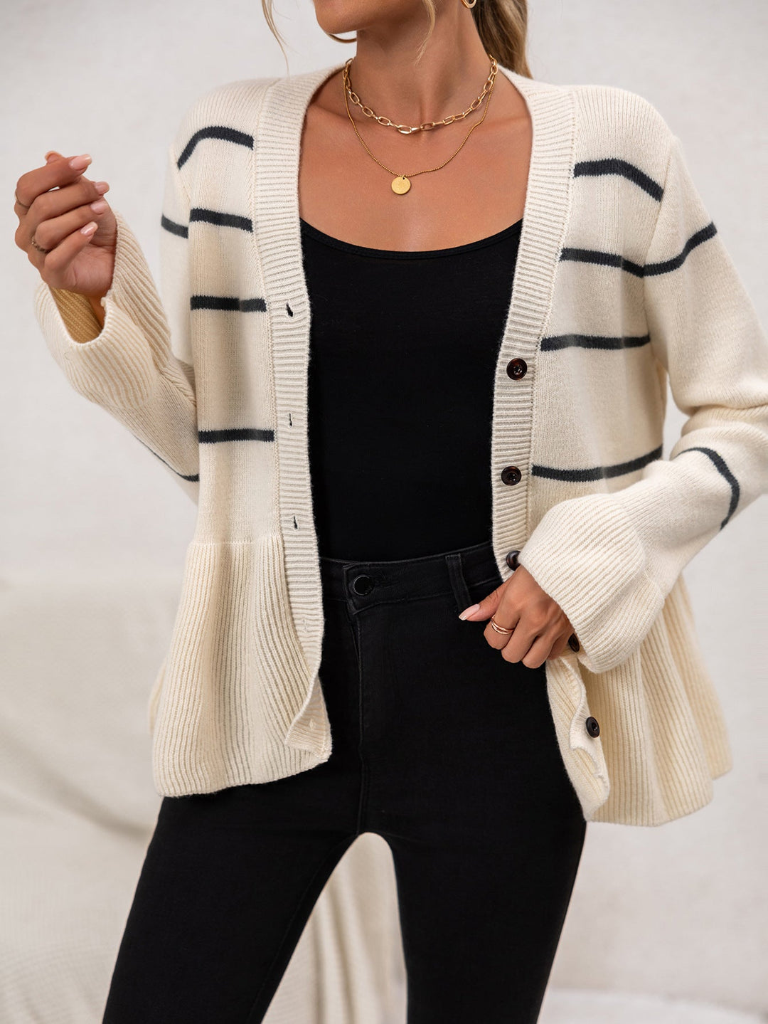 Mune | Women's Striped Knit Cardigan with V-Neck and Button Closure