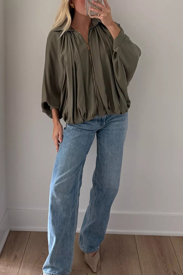 Mune | Women's Casual Jacket with Lapels Long Puff Sleeves and Zipper