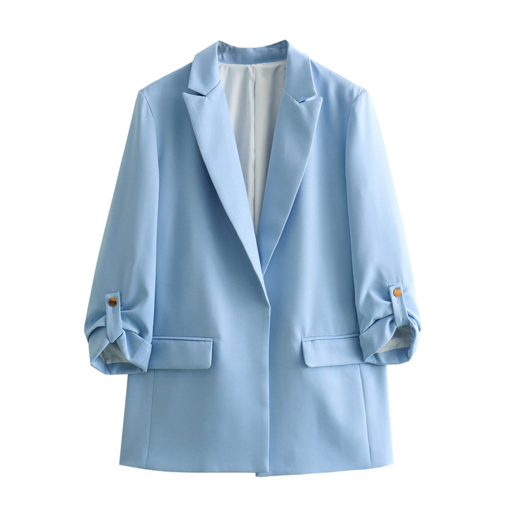 Women's unstructured long blazer with boxy cut, roll-up sleeves and piped flaps Mune Fashion