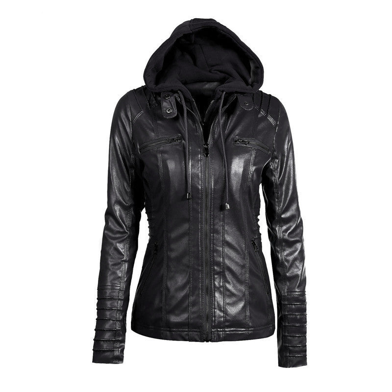 Women's Slim-Fit Faux Leather Jacket with Hood, Padded Sleeves and Zipper Pockets Mune Fashion