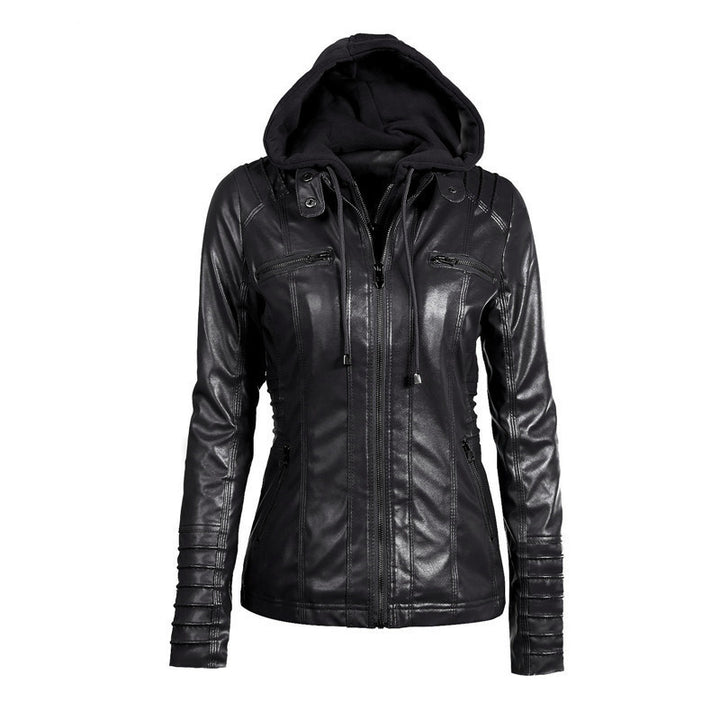 Women's Slim-Fit Faux Leather Jacket with Hood, Padded Sleeves and Zipper Pockets Mune Fashion
