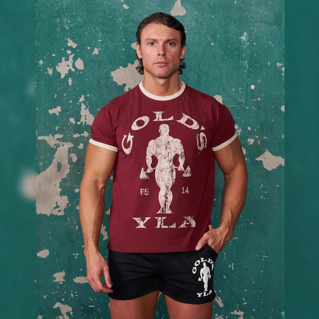 Men's Vintage Training Shirt with Crew Neck Contrast Cuffs and Retro Bodybuilding Print Mune Fashion