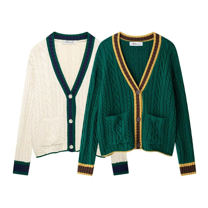 Women's cable knit cardigan with V-neck, patch pockets and contrast edges Mune Fashion