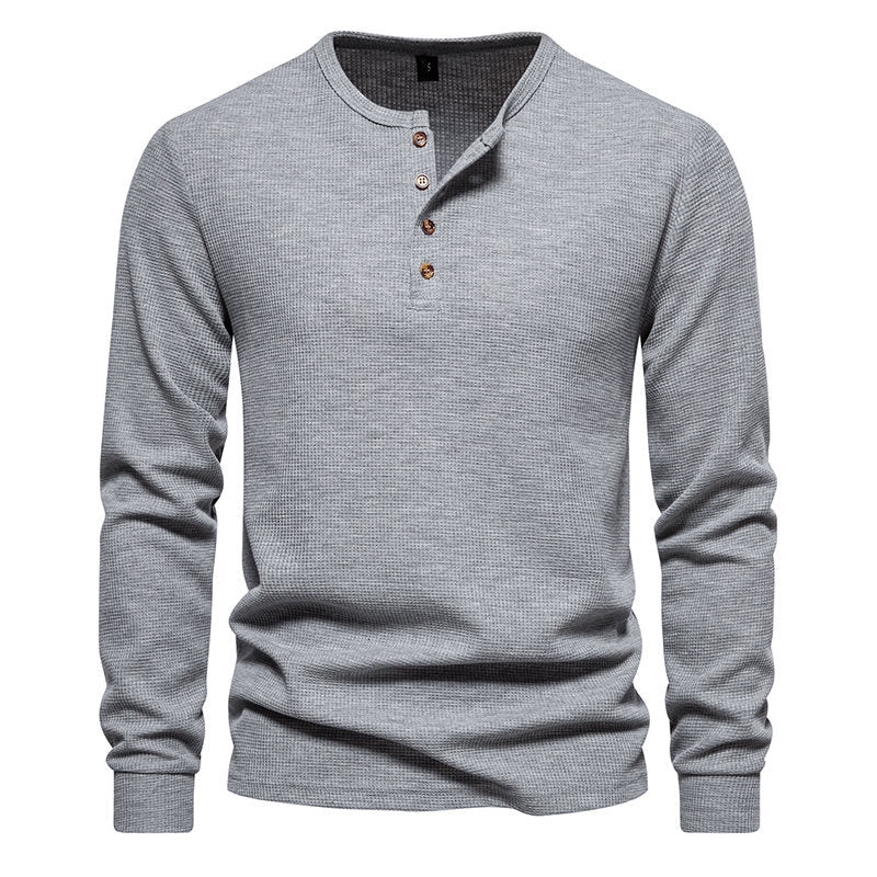 Men's Long Sleeve Henley Shirt with Textured Surface Pattern and Practical Button Details Mune