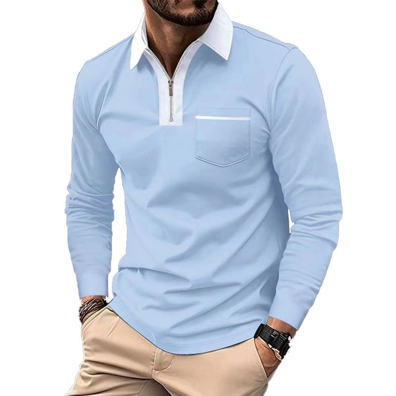Men's elegant long-sleeve polo shirt with hidden half-zip, structured piqué look, and subtle chest pocket Mune Fashion