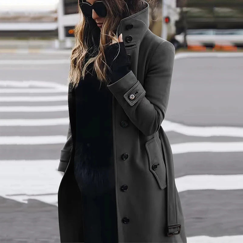 Women's tailored long coat with stand-up collar, concealed button placket and shaping seams Mune Fashion
