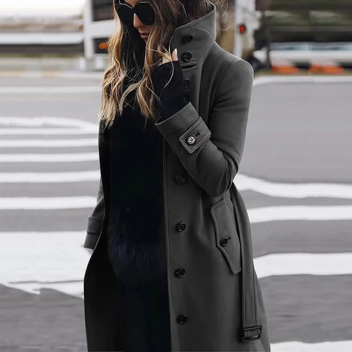 Women's tailored long coat with stand-up collar, concealed button placket and shaping seams Mune Fashion