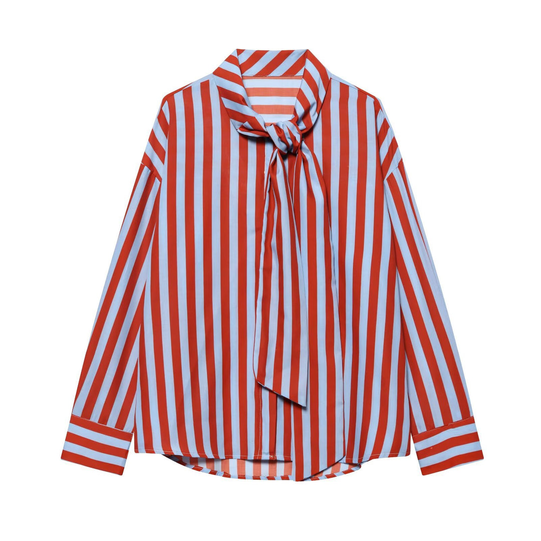 Women's blouse with tie and striking vertical stripes, loose oversized fit Mune Fashion