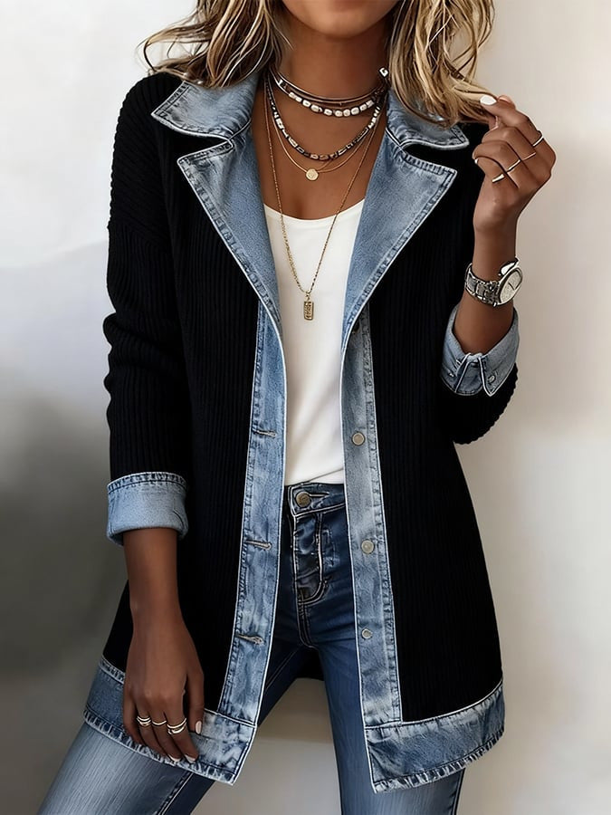 Women Long Knit Coat with Denim Collar Mune Fashion