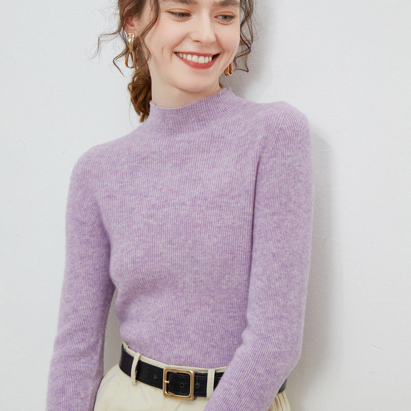 Women Lightweight fitted mock neck pullover in cashmere-like mohair look with fine ribbed texture Mune Fashion