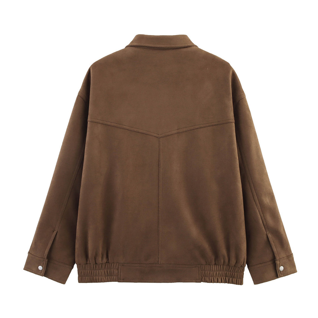 Women Oversize Velvet-Optic Jacket with Flap Pockets, Snap Front and Elastic Hem Mune Fashion