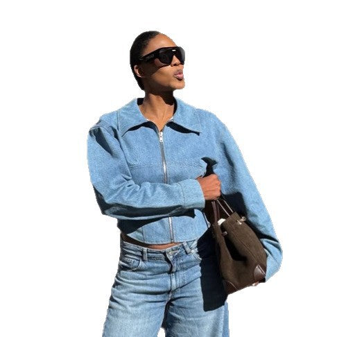 Women's short-cut denim jacket with zip and defined shoulder line Mune Fashion