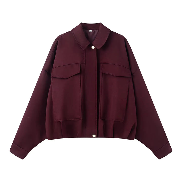 Women nan cropped overshirt jacket with extra long sleeve part, large flap pockets and hidden button placket Mune Fashion