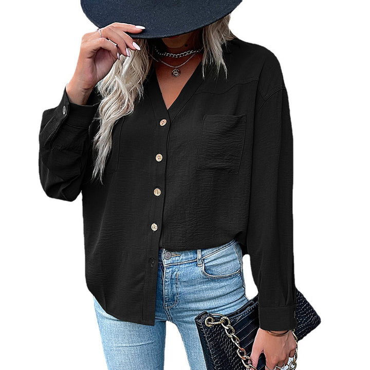 Women's Loose Viscose Shirt with V-Neck, Button Placket and Breast Pocket Mune Fashion