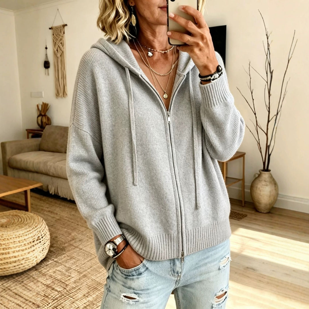 Women Chunky Knit Zip Hoodie Cardigan with Oversize Fit and Ribbed Cuffs Mune Fashion