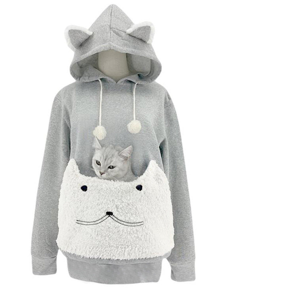 Ladies Cozy Hoodie with Cat Motif and Practical Kangaroo Pocket Mune