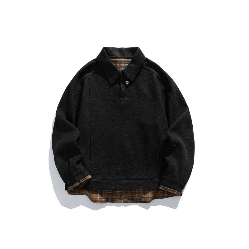Men's Long-Sleeved Polo Sweatshirt with Kent Collar, Button Placket and Integrated Check Layer Mune Fashion