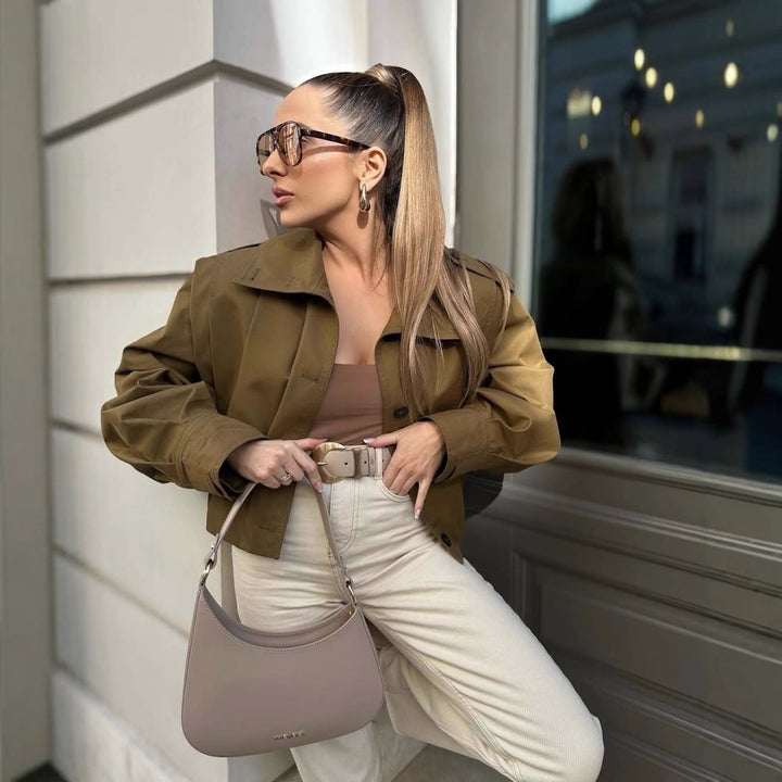 Women Short Boxy Trench Coat with Pleat Overlay and Epaulettes Mune Fashion