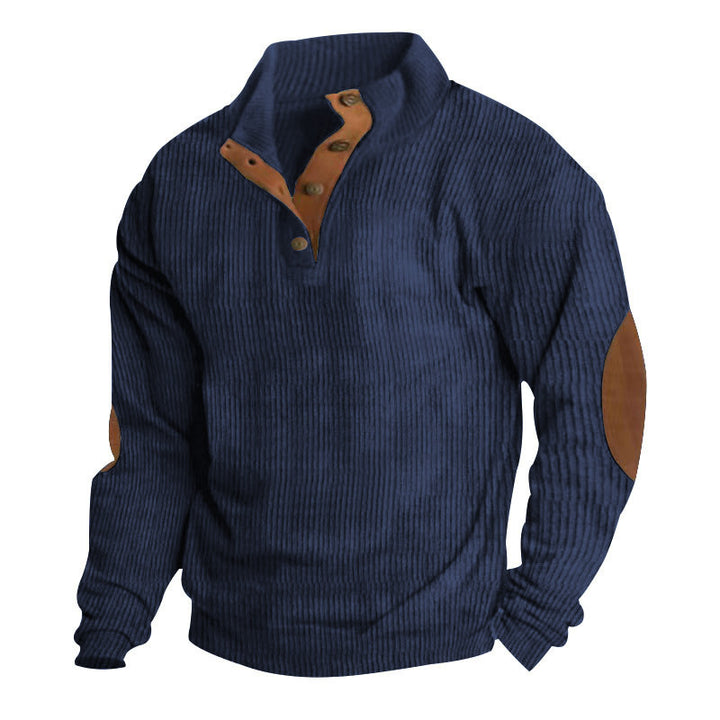 Men's rustic ribbed pullover with Henley collar and leather-like elbow patches Mune Fashion
