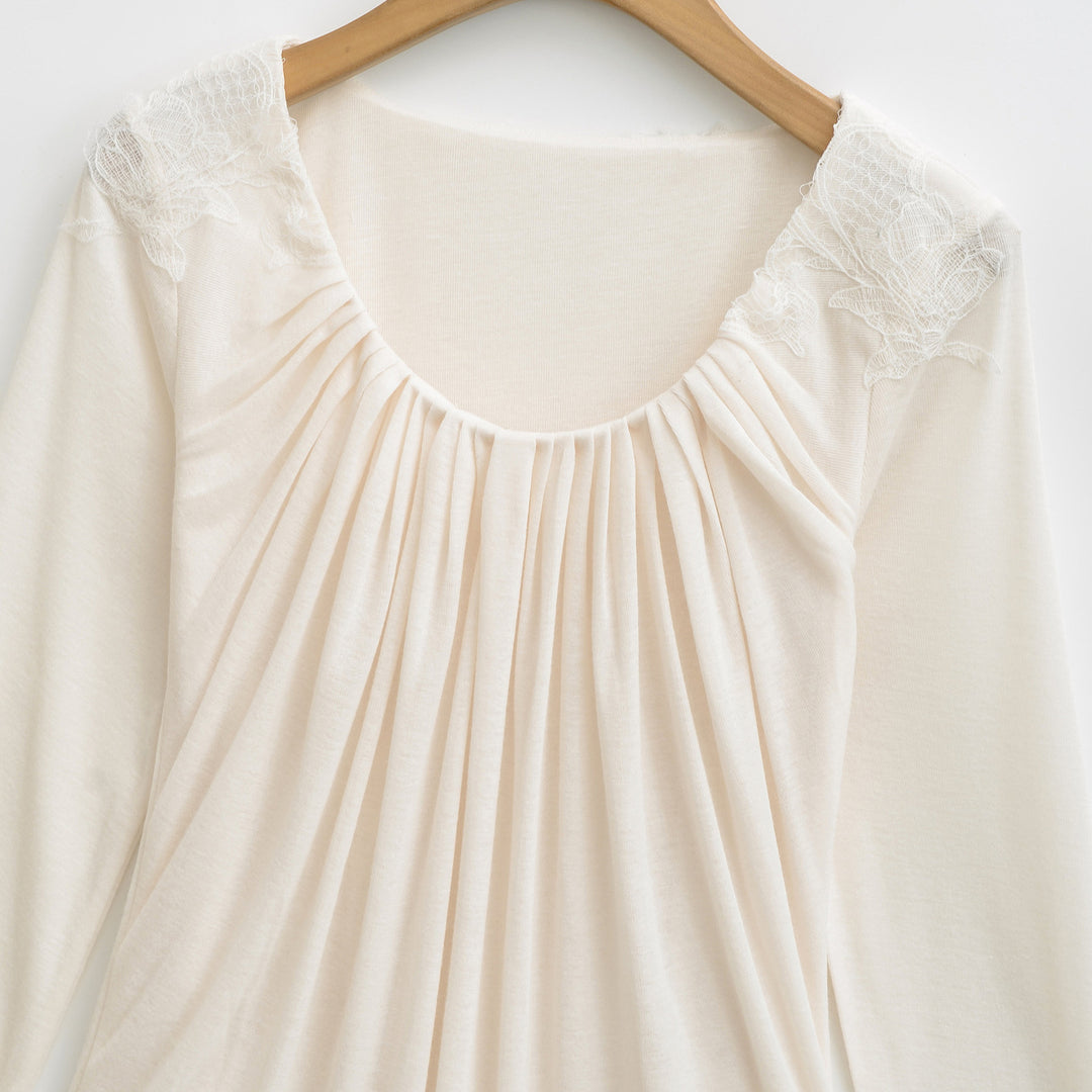 Women's jersey top with wide round neckline, pleated front and lace trim Mune Fashion