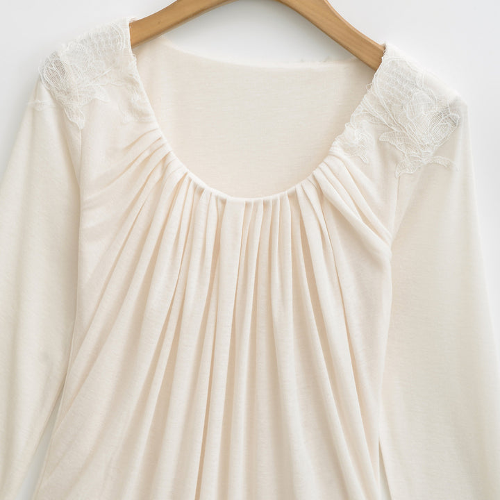 Women's jersey top with wide round neckline, pleated front and lace trim Mune Fashion