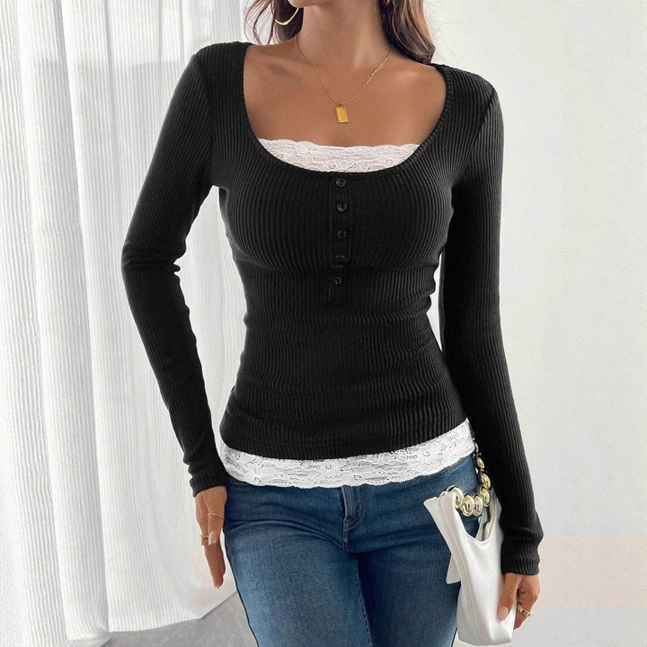 Women Fitted Ribbed Knit Top with U-Neck and Button Placket Mune Fashion