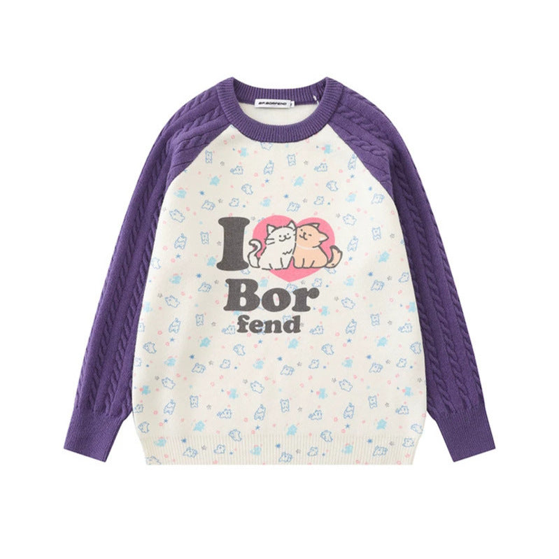 Women's knitted sweater with raglan sleeves, cable pattern sleeves and cartoon cat front print Mune Fashion