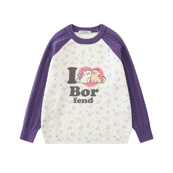 Women's knitted sweater with raglan sleeves, cable pattern sleeves and cartoon cat front print Mune Fashion