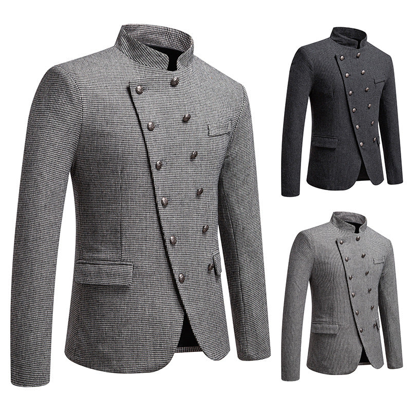 Men's fashionable military blazer with standing collar, decorative button row, and fine texture Mune Fashion