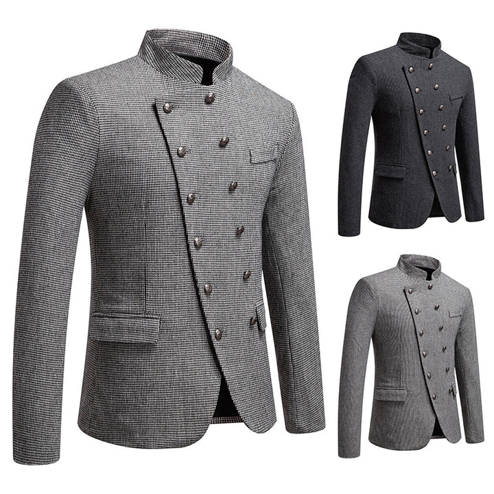 Men's fashionable military blazer with standing collar, decorative button row, and fine texture Mune Fashion