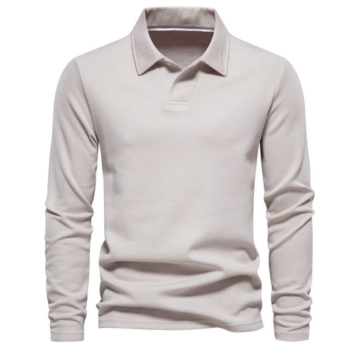 Men's long-sleeved polo shirt with open V-neck, slim fit and tone-on-tone collar embroidery Mune Fashion