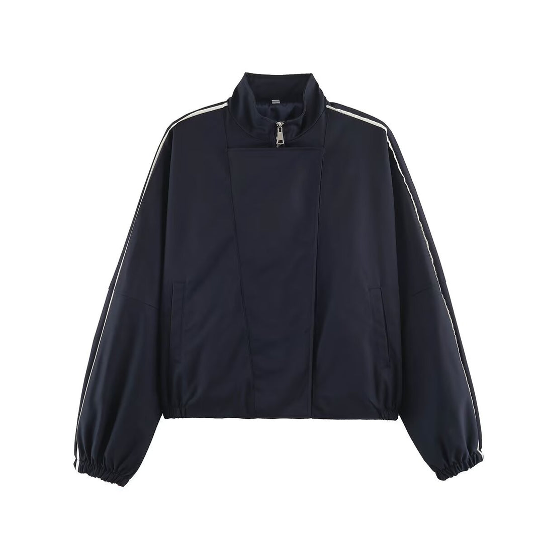 Women's Oversize Bomber Jacket in Blouson Style with High Stand-Up Collar, Concealed Zipper and Contrast Piping Mune Fashion