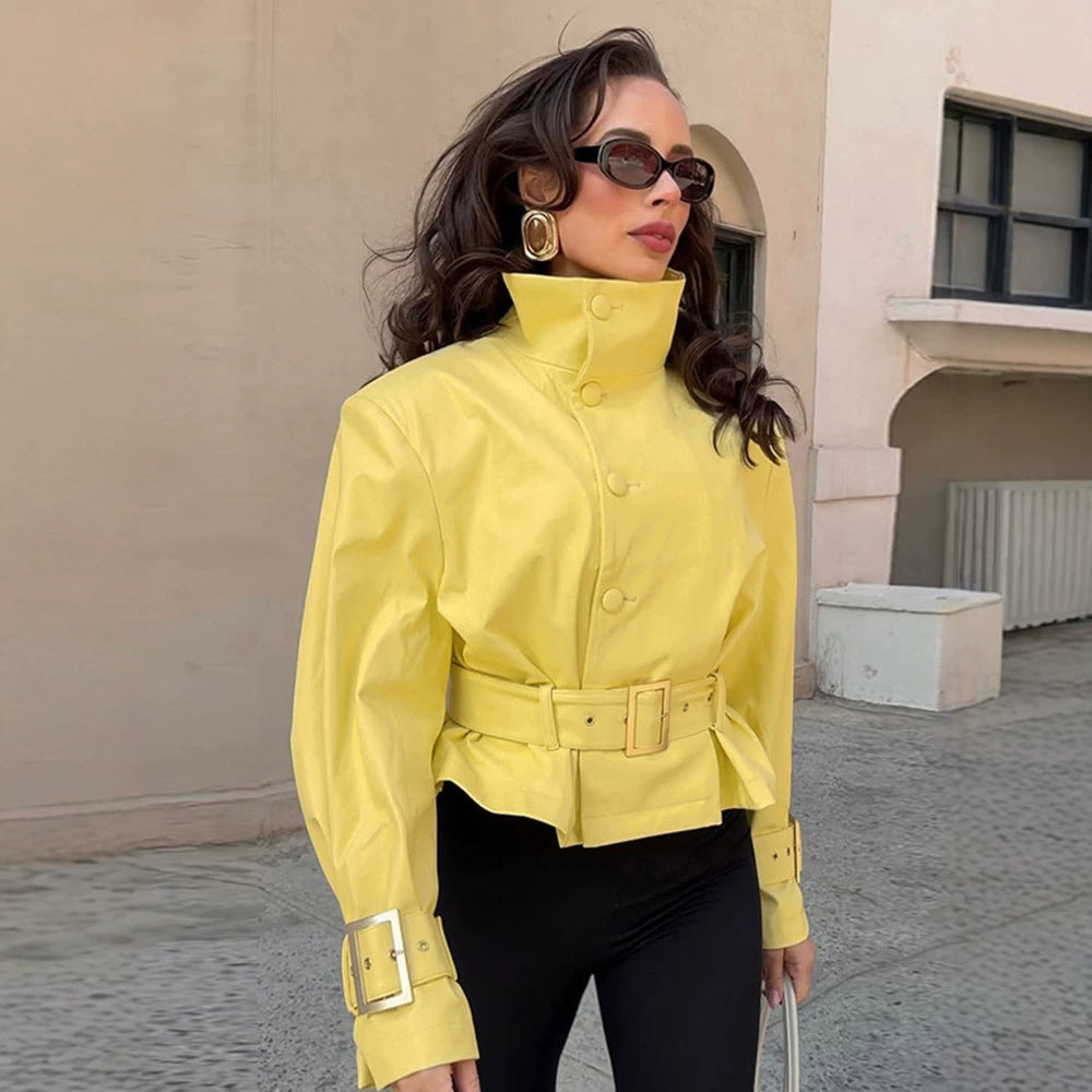 Women's short jacket with waist belt, high stand-up collar, and decorative cuffs Mune Fashion