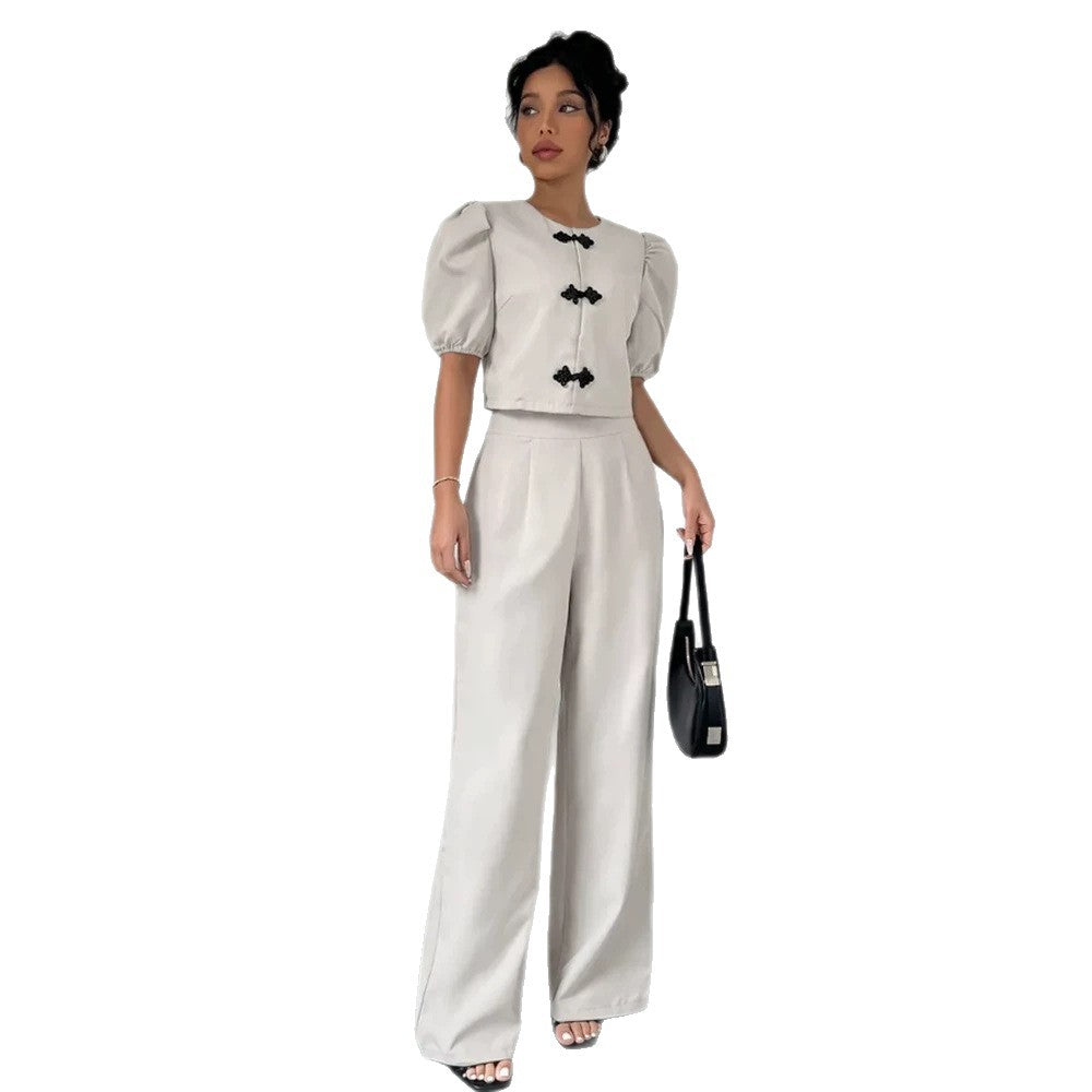 Women Two-Piece Tailoring Set with Short Jacket, Puff Sleeves and High-Cut Wide Pants Mune Fashion