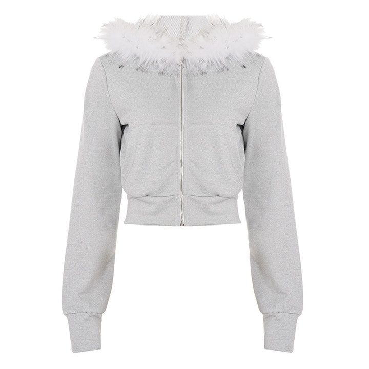 Women's short cut hoodie with faux fur hood, zipper and fitted cuff Mune Fashion
