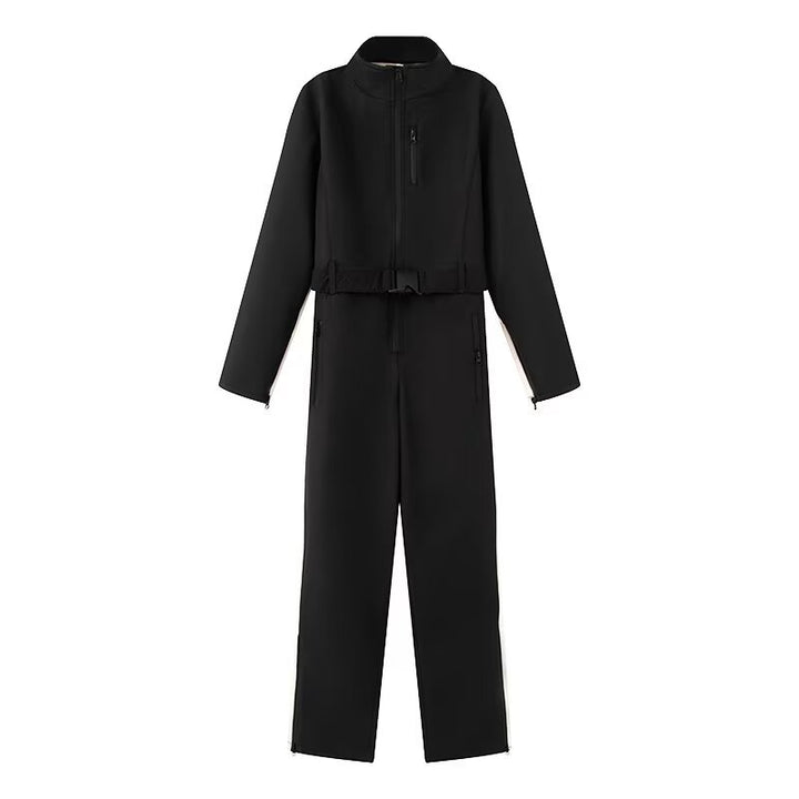 Women's Utility Overall with Waist Belt, Zippers and Stand-Up Collar Mune Fashion