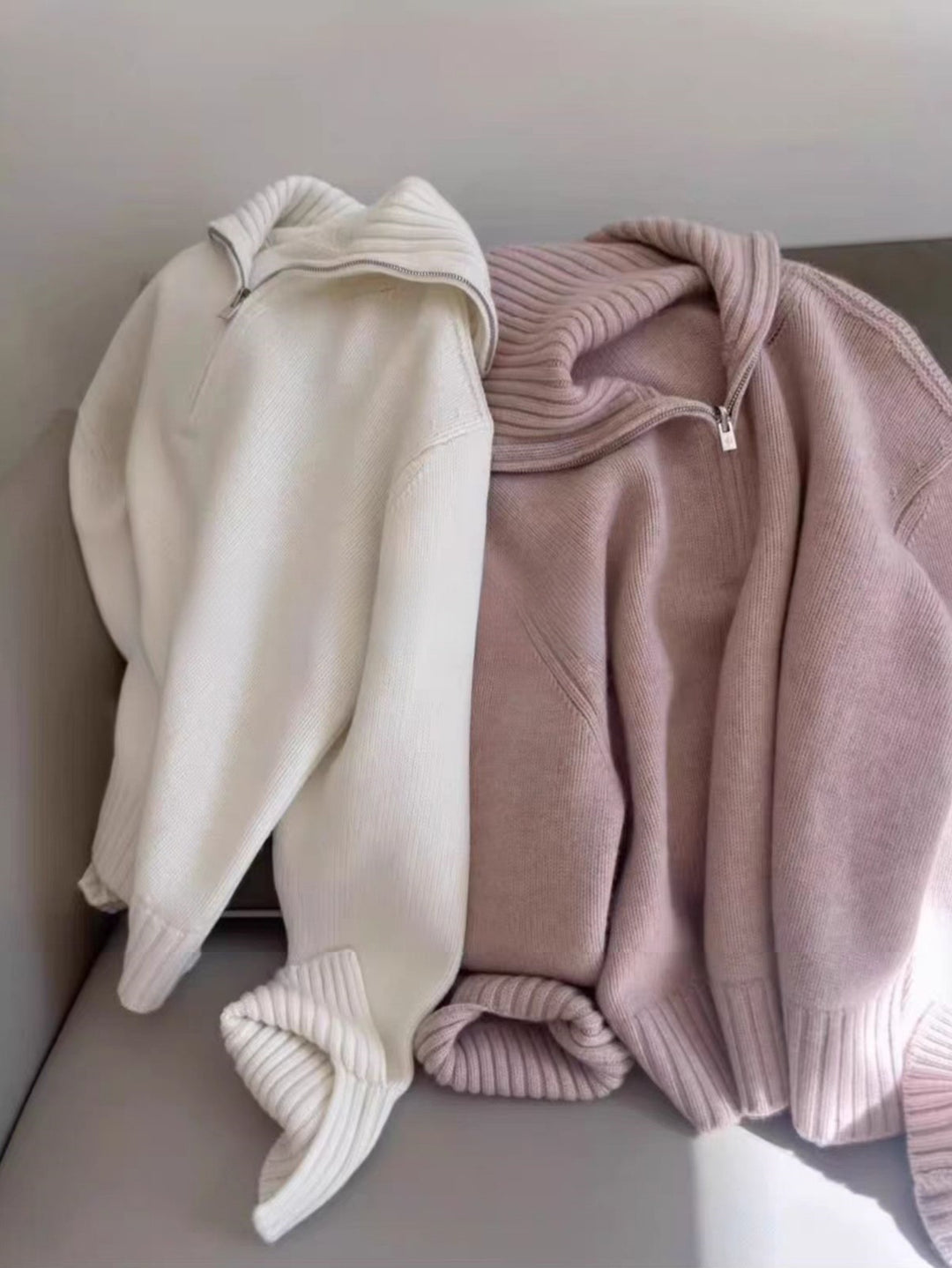 Women's Oversized Fine Knit Sweater with Half Zipper and Wide Turtleneck Mune Fashion