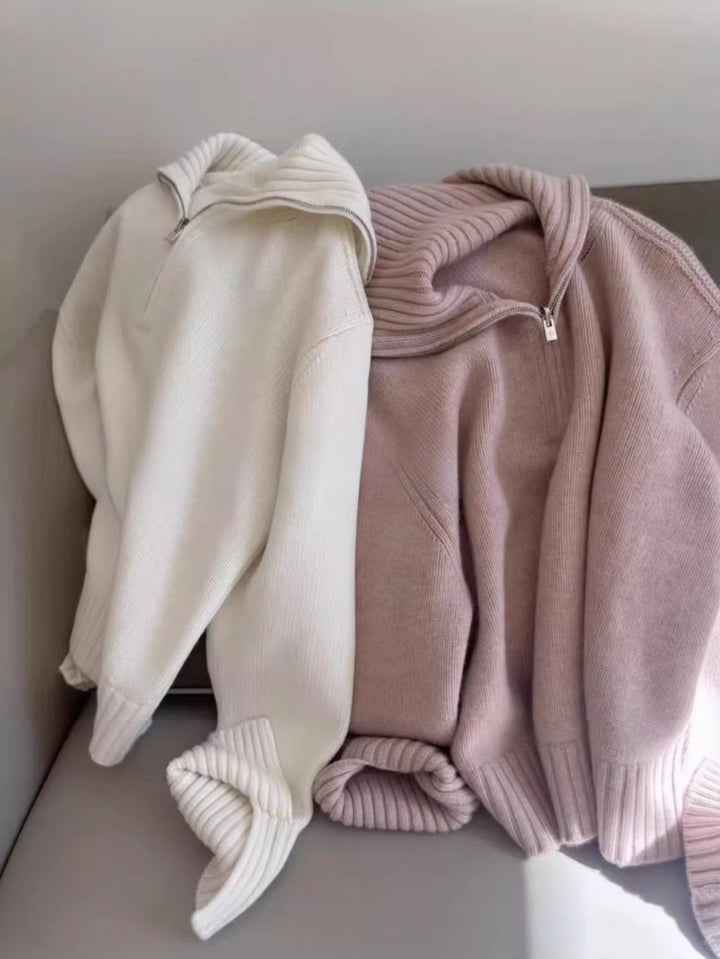Women's Oversized Fine Knit Sweater with Half Zipper and Wide Turtleneck Mune Fashion