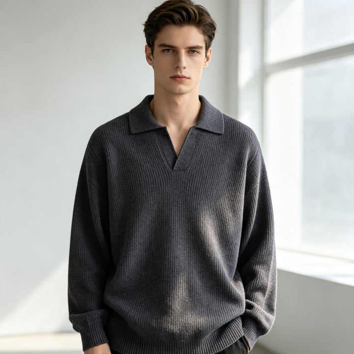 Women's Oversized Polo Collar Fine Knit Sweater with Short Slit and Decorative Button Mune Fashion
