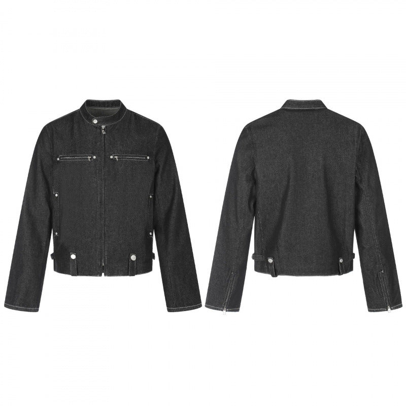 Men's short cut boxy denim jacket in worker blouson style with stand-up collar and metal applications Mune Fashion