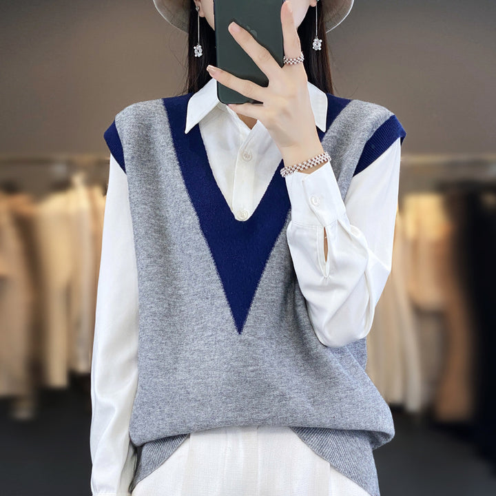 Women's Structured Fine Knit Long Vest with Deep V-Neck and Contrasting V-Panel Mune Fashion