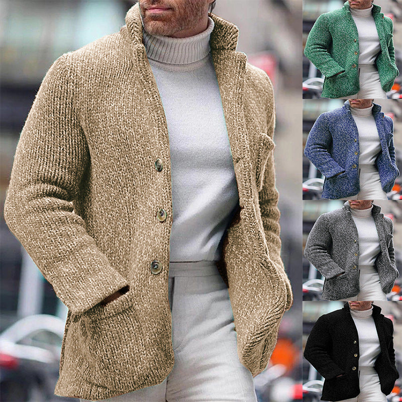 Men's chunky knit cardigan jacket with high stand-up collar and patched pockets Mune Fashion