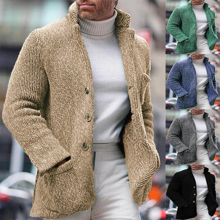 Men's chunky knit cardigan jacket with high stand-up collar and patched pockets Mune Fashion