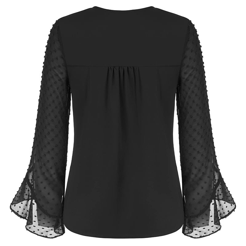 Women's chiffon blouse with V-neck, dotted trumpet sleeves, and asymmetrical hem Mune Fashion