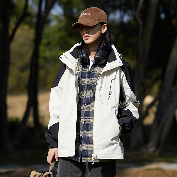 Women two-layer water-repellent outdoor jacket with hood, waist adjustment and contrast piping Mune Fashion