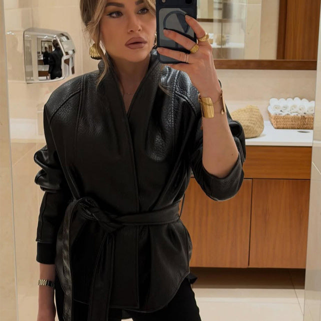 Women's Tailored Leather Jacket with Wrap Belt and Kimono Collar Mune Fashion