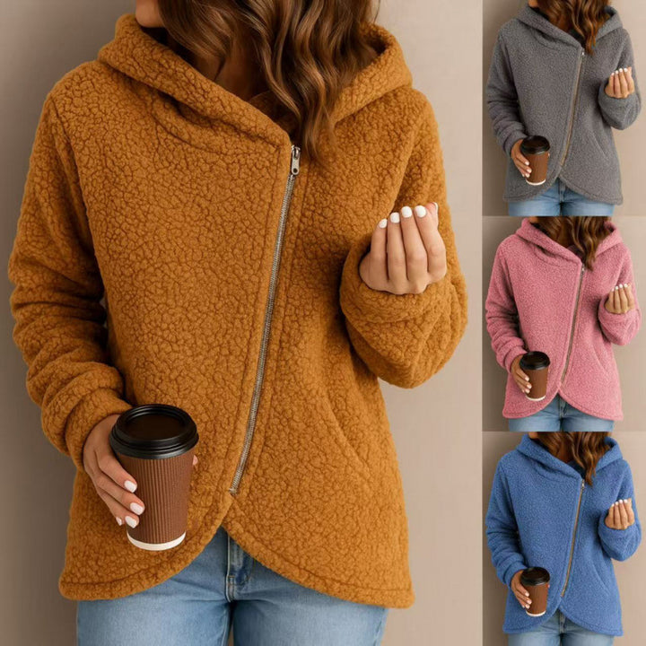 Women's teddy fleece jacket with asymmetrical zipper, hood and curved hem Mune Fashion